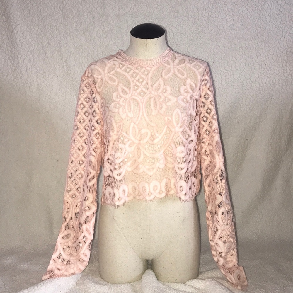 Sexy Pink long sleeve fitted Lace Crop Top NWT